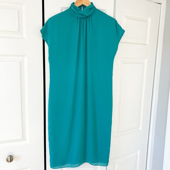 Patra Teal High Neck Shoulder Pad Midi Dress Women’s Size 8 EUC - Picture 1 of 7